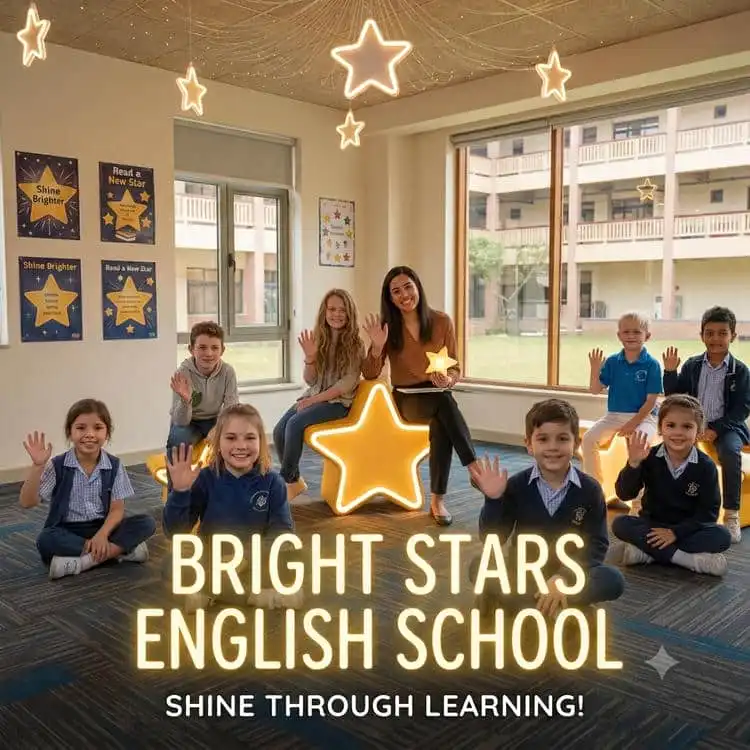 מורה ותשעה תלמידים בכיתה של Bright Stars באשקלון, יושבים סביב כוכב מואר גדול ומנופפים לשלום